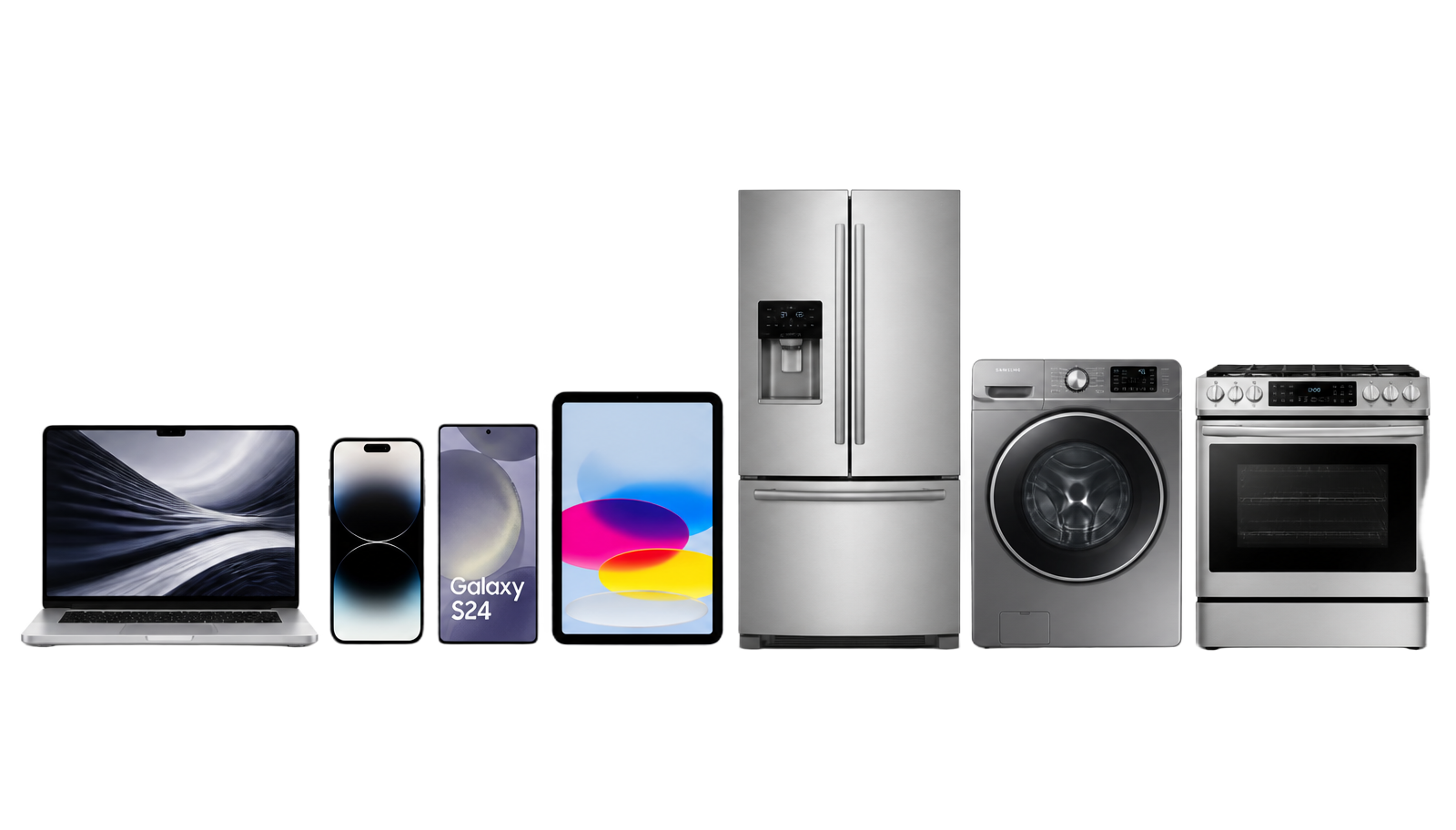 Laptop, smartphone, tablet, refrigerator, washer, and oven — devices and appliances we help repair