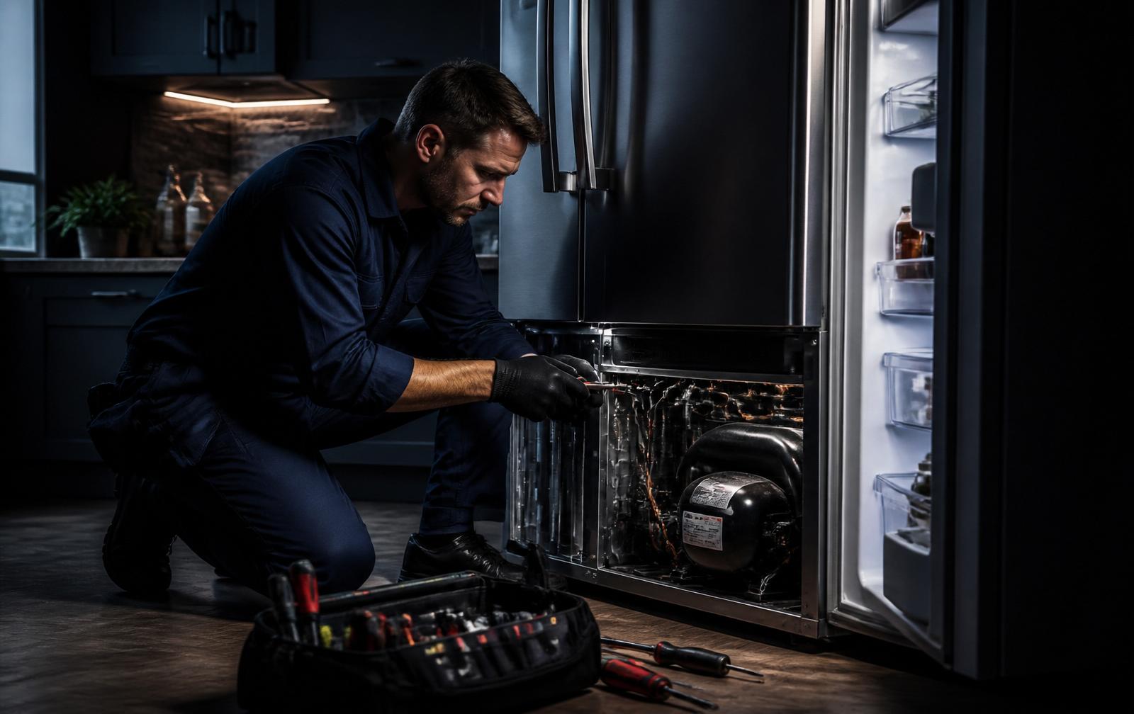 Appliance repair technician servicing a refrigerator