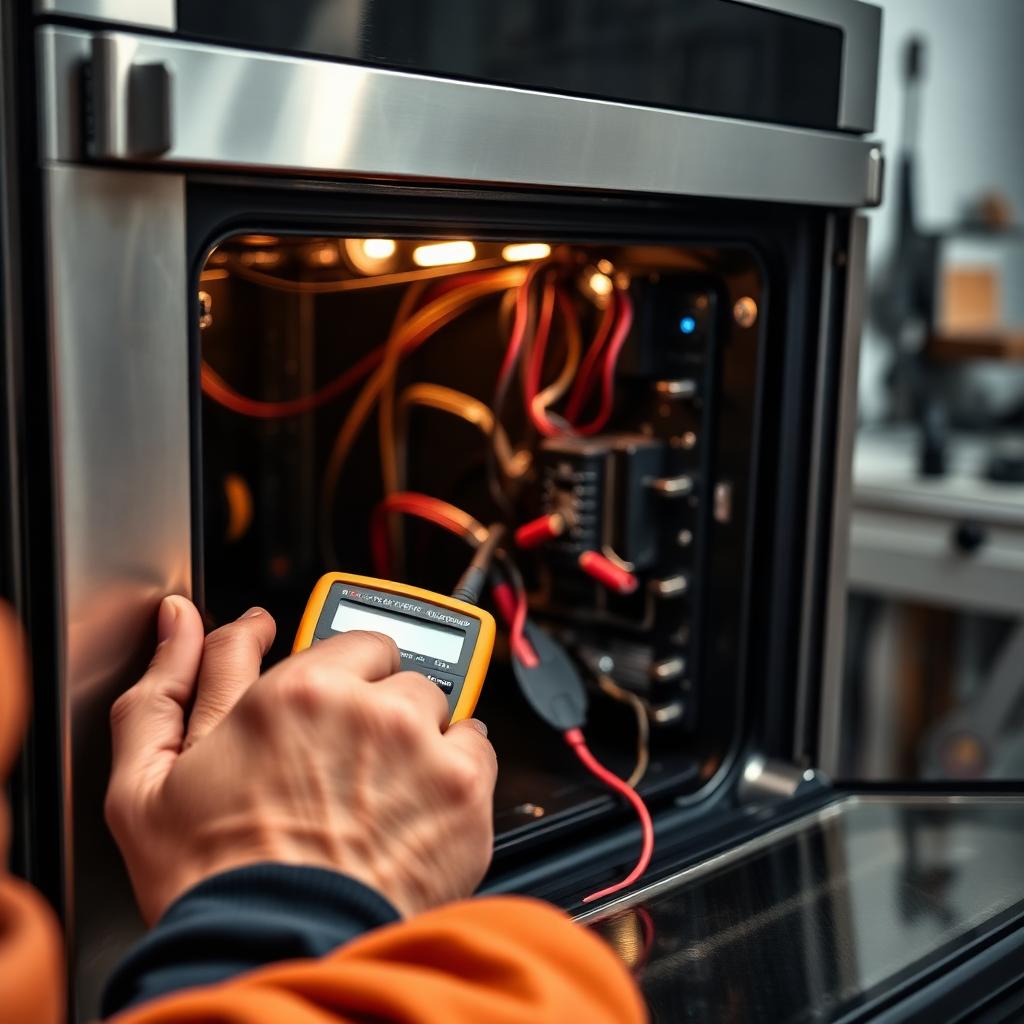 Technician using a multimeter to diagnose a stainless steel oven control board