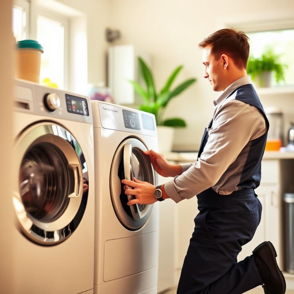 Appliance technician servicing a washing machine in a home laundry room