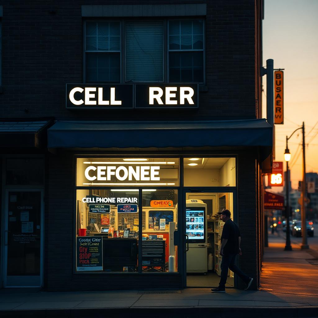 Independent cell phone repair storefront lit at dusk with a customer walking in