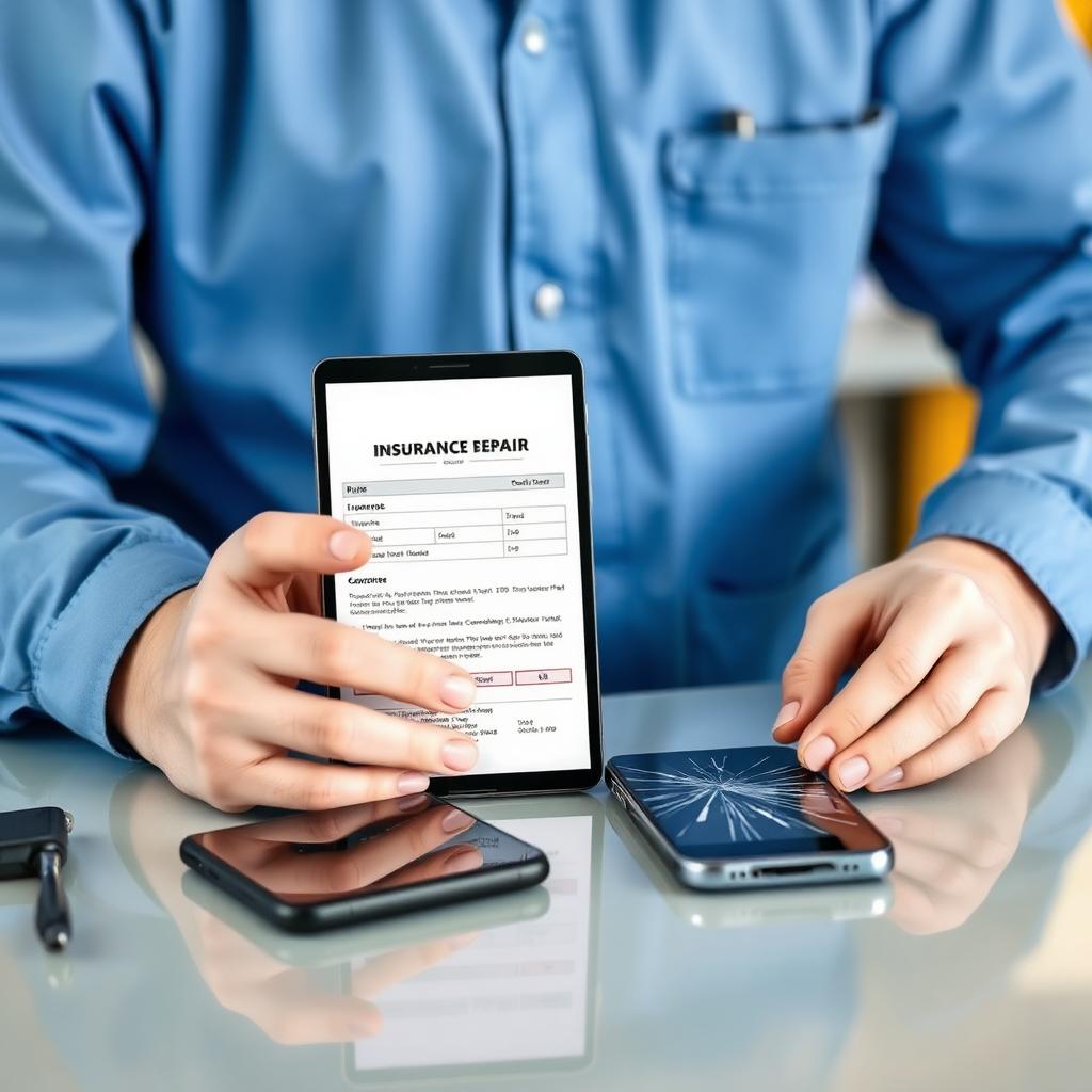 Repair technician reviewing an insurance claim work order next to a cracked smartphone