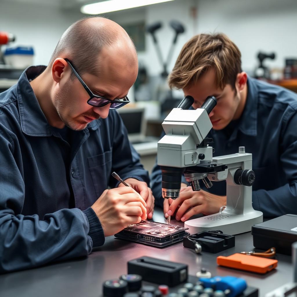 Senior technician training a junior tech at a microscope repair bench