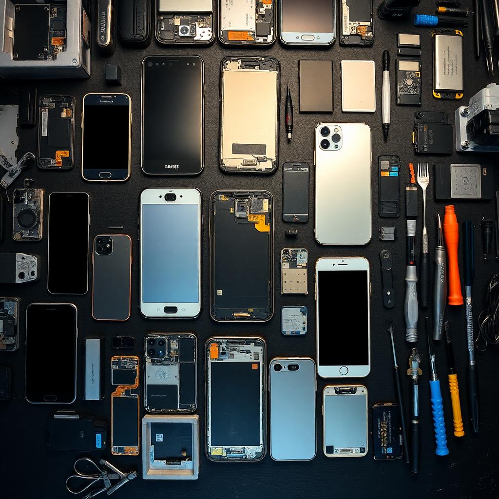 Overhead flat lay of wholesale phone screens, batteries, and repair tools