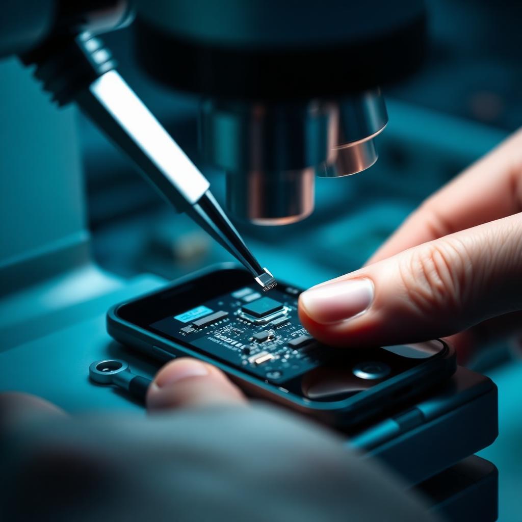 Technician performing board-level electronics repair under a microscope