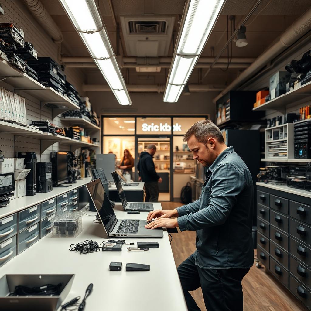 Interior of an independent electronics repair shop with technician working on a laptop