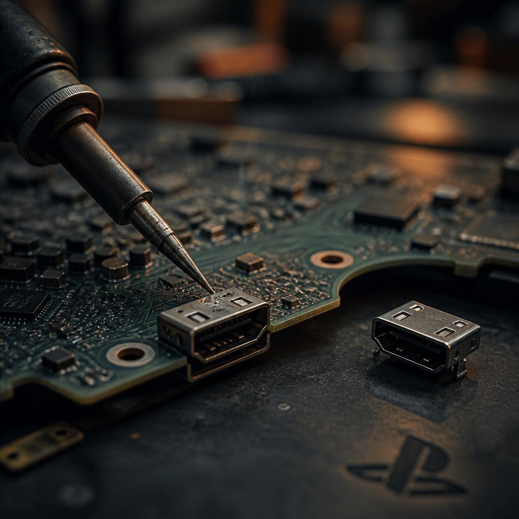 Technician repairing a game console HDMI port