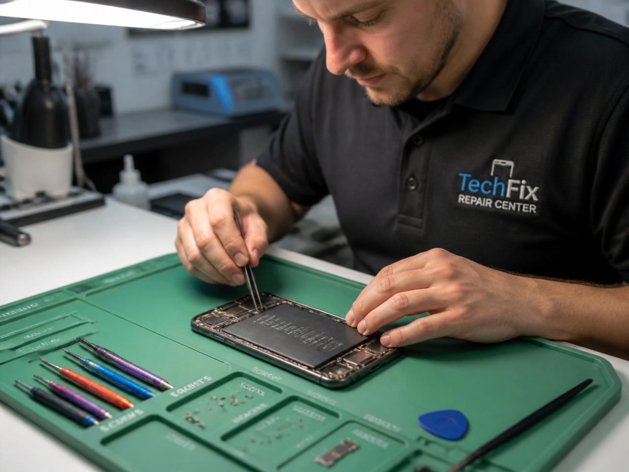 Technician repairing a smartphone at a professional workbench