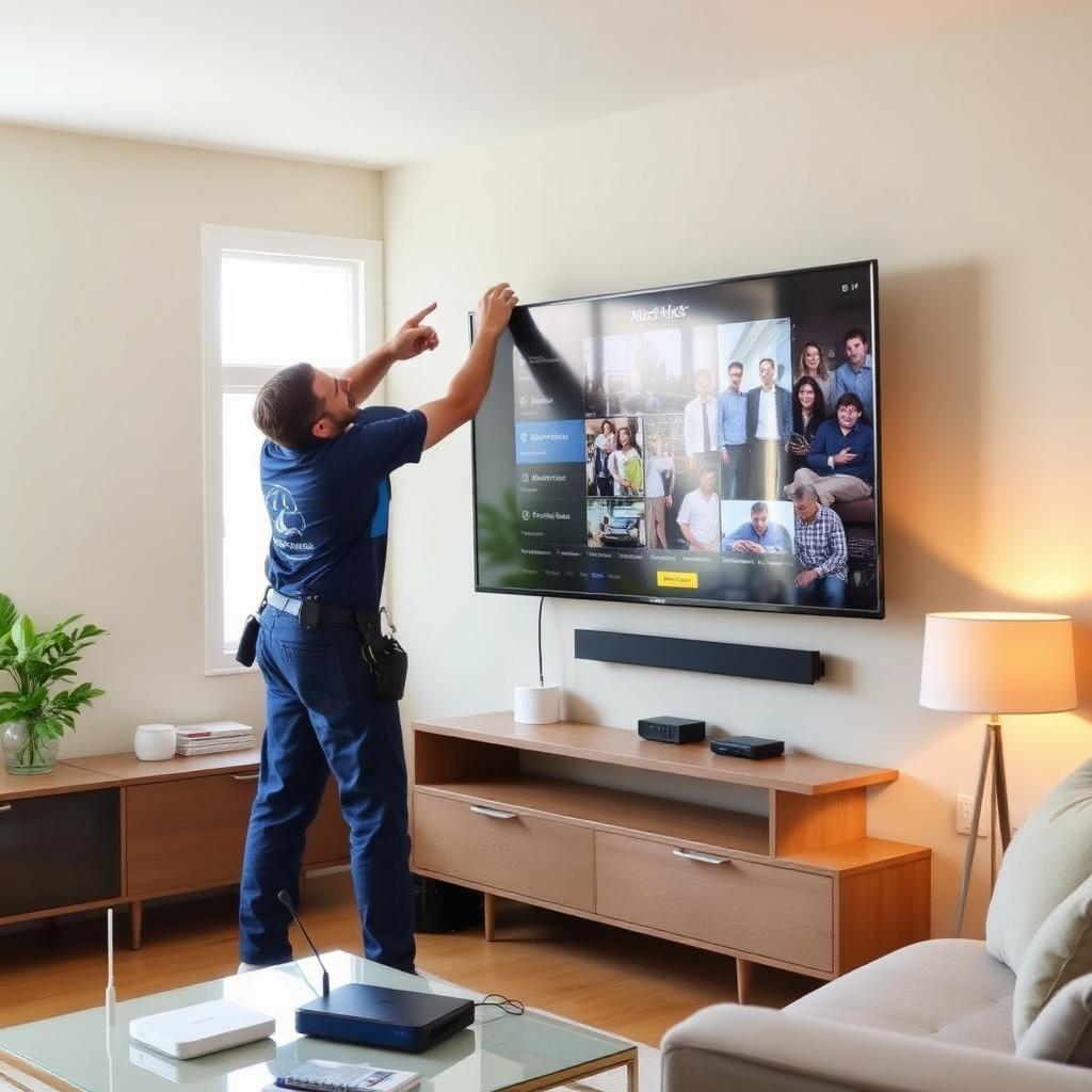 Technician performing in-home installation of a smart TV and connected devices