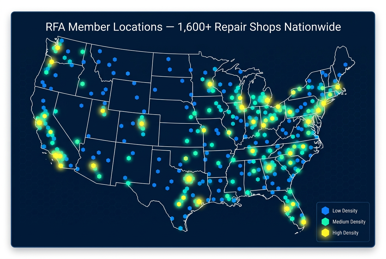Heat map showing RFA member repair shop locations across the United States
